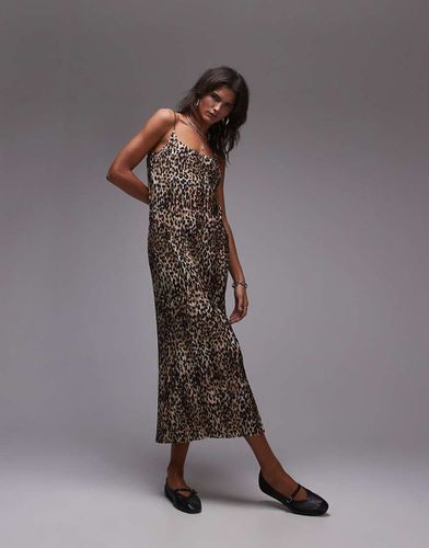 Vestito midi plissé stropicciato con stampa leopardata e spalline sottili - Topshop - Modalova