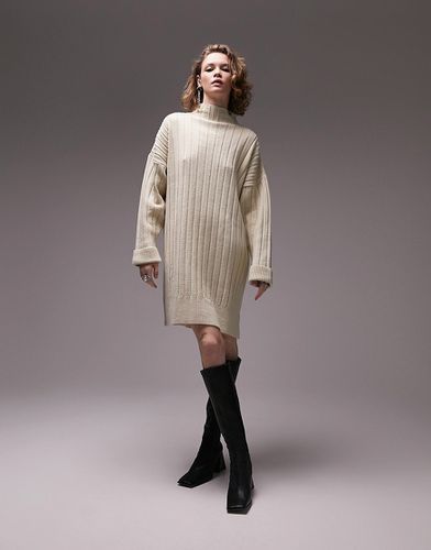 Vestito corto oversize in maglia color pietra a coste con scollo a imbuto - Topshop - Modalova