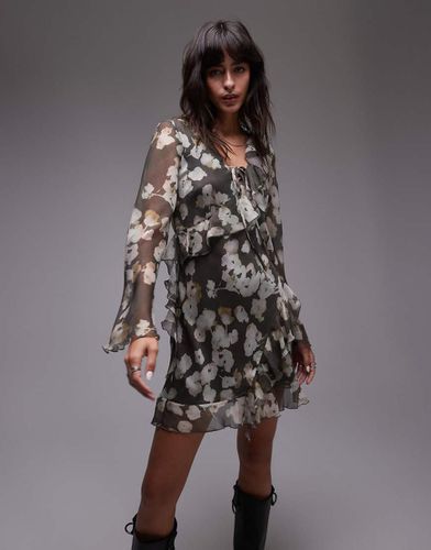 Vestito da giorno corto a maniche lunghe a fiori effetto acquerello con volant - Topshop - Modalova