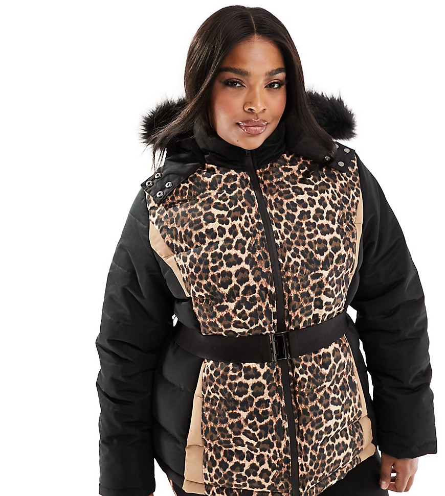 Plus - Giacca da sci con cappuccio e cintura in pelliccia sintetica con stampa leopardata - Threadbare - Modalova