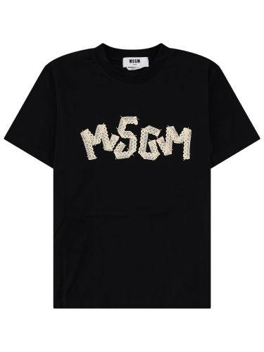 T-shirt con logo ricamato in pizzo - msgm - Modalova