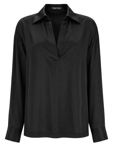 Polo in raso di seta stretch con logo - tom ford - Modalova