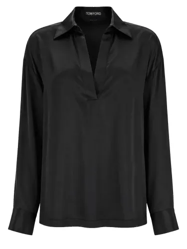 Polo in raso di seta stretch con logo - tom ford - Modalova