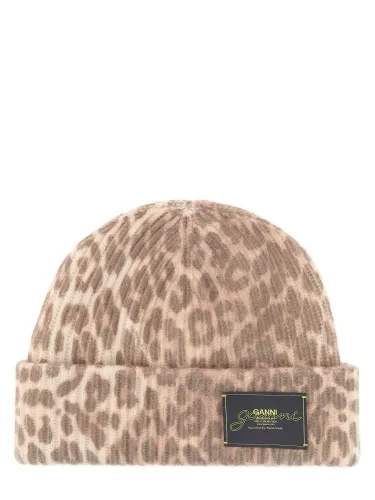 Ganni wool hat with leopard pattern - ganni - Modalova