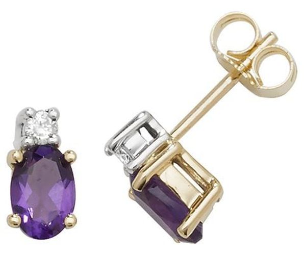 K Yellow Gold Oval Amethyst Diamond Stud Jewellery - James Moore TH - Modalova