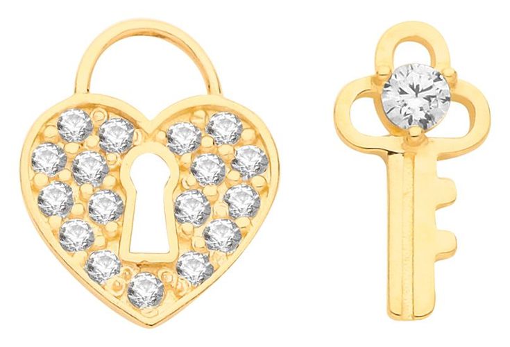 Ct Gold Cz Heart And Key Mix Match Stud Jewellery - James Moore TH - Modalova