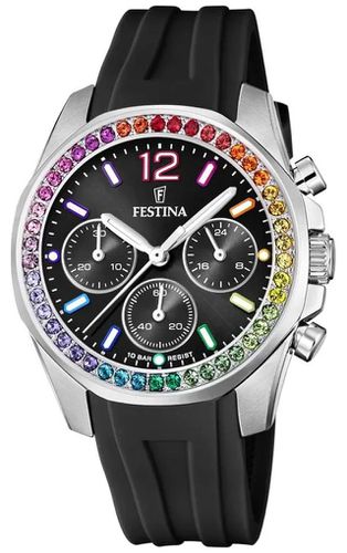 Ladies Steel Chrono W/CZ Set & Rubber Strap Watch - Festina - Modalova