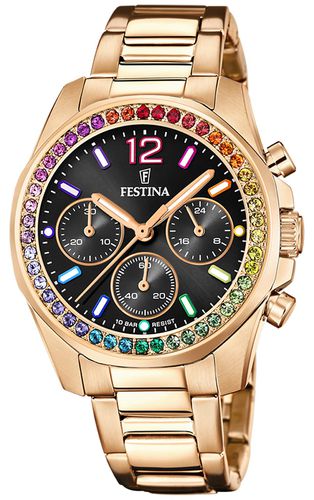 Ladies Rose-plated Chronograph Rainbow Crystal Bezel Watch - Festina - Modalova