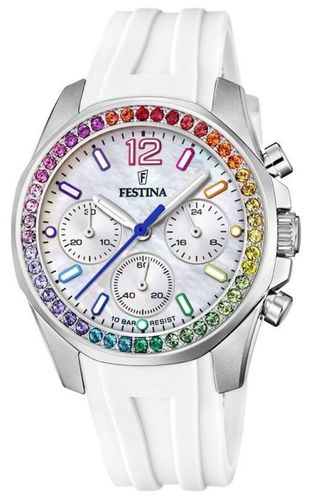 Ladies Steel Chrono W/CZ Set & Rubber Strap Watch - Festina - Modalova