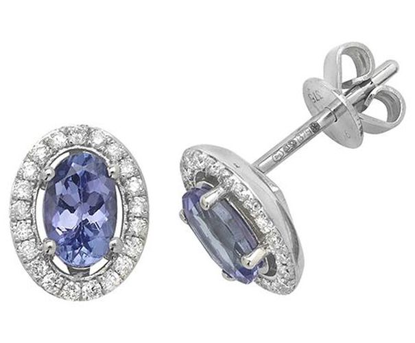 K White Gold Tanzanite Diamond Halo Stud Jewellery - James Moore TH - Modalova