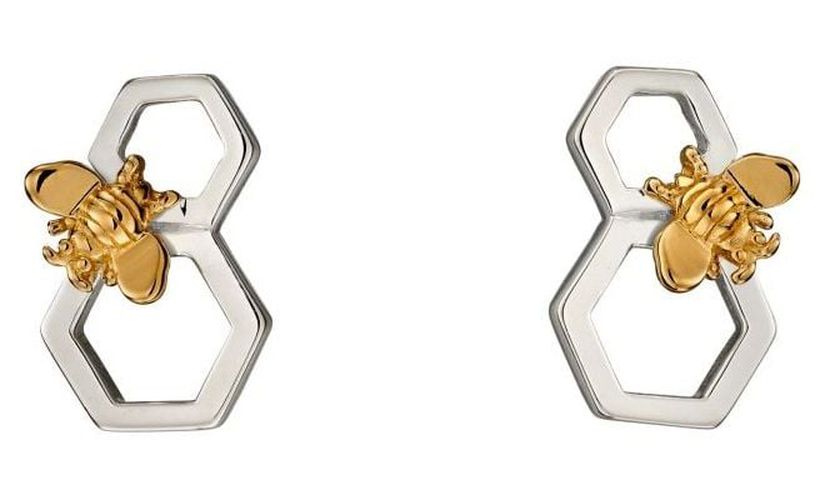 Silver Gold Plate Bee Honeycomb Stud Jewellery - Elements Silver - Modalova