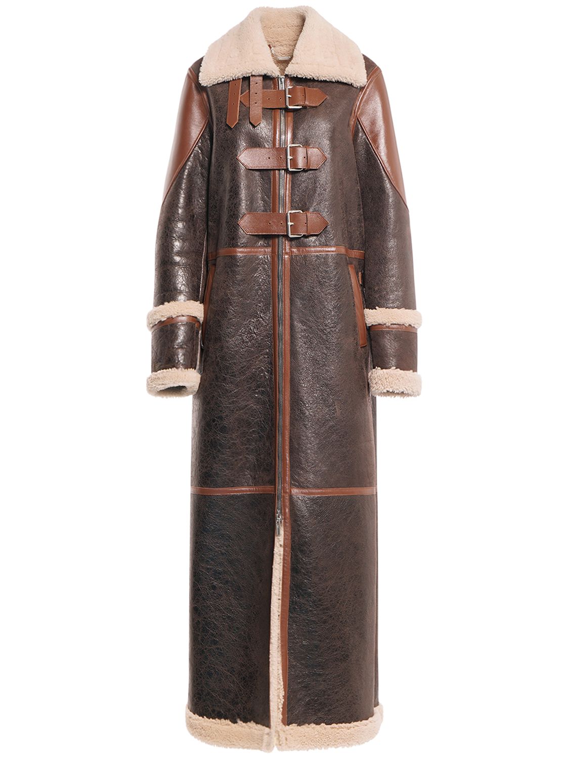 Leather Shearling Long Coat W/ Buckles - BLUMARINE - Modalova