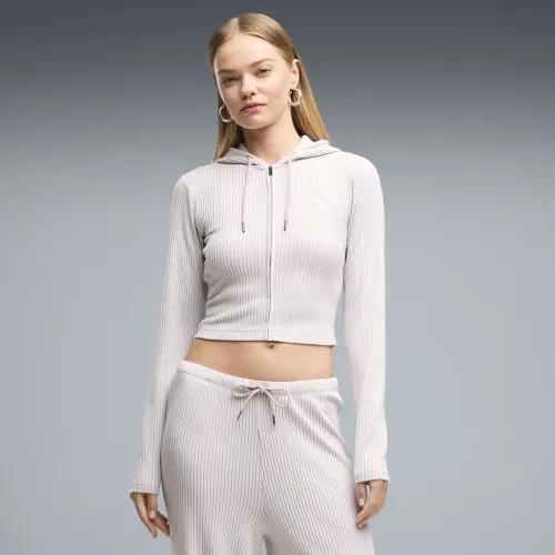 Essentials Ribbed Full-Zip Slim Hoodie Women in Pink () | Size Large - PUMA - Modalova