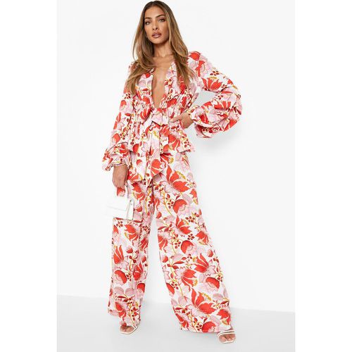 Pantalón De Pernera Ancha Y Top Con Volante Y Estampado De Flores - boohoo - Modalova