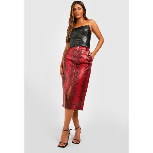 Falda Midi Efecto Cuero Con Abertura Y Acabado De Serpiente - boohoo - Modalova