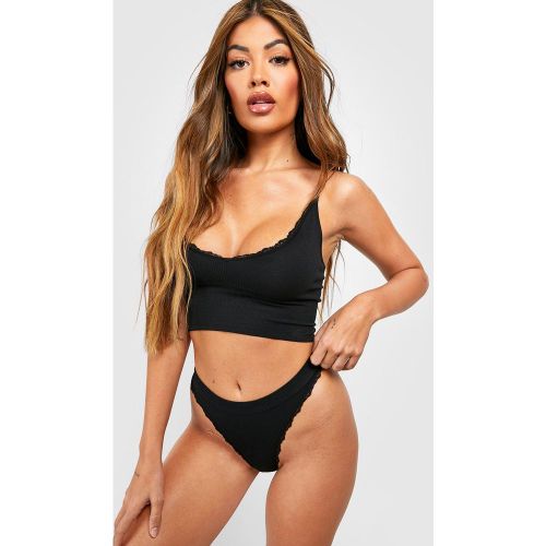 Lace Trim Ribbed Thong, Negro - boohoo - Modalova