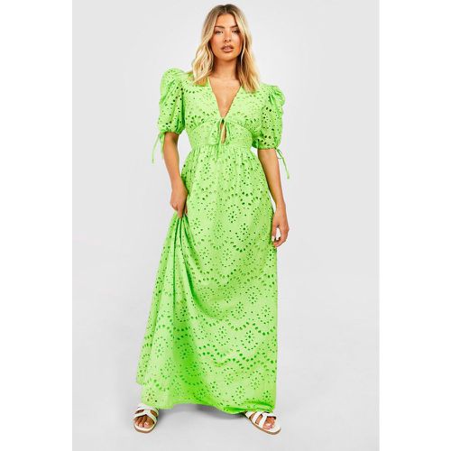 Vestido Maxi De Bordado Inglés Con Mangas Abullonadas Y Atadura Frontal - boohoo - Modalova