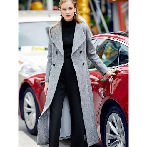 Grey Wool Blend Coat Large Lapel classic Double-breasted Winter Midi Outerwear For Women 2025 - milanoo.com - Modalova