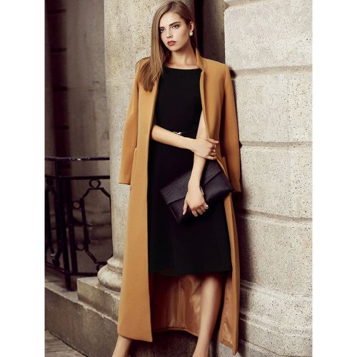 Long Wool Blend Coat Stand Collar V-neck Belted Split Winter Outerwear For Women 2025 - milanoo.com - Modalova