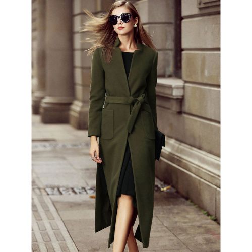 Long Wool Blend Coat Stand Collar V-neck Belted Split Winter Outerwear For Women 2025 - milanoo.com - Modalova