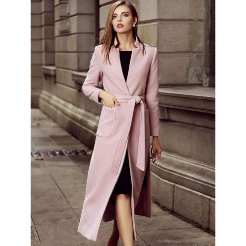 Long Wool Blend Coat Stand Collar V-neck Belted Split Winter Outerwear For Women 2025 - milanoo.com - Modalova