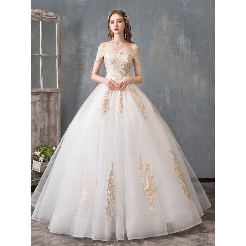 Wedding Dresses 2025 Ball Gown Off Shoulder Golden Lace Appliqued Floor Length Bridal Dress - milanoo.com - Modalova