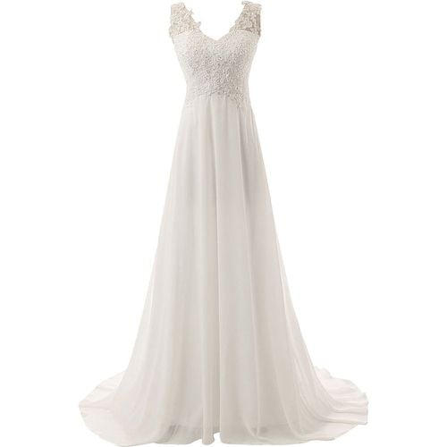 Wedding Dress A Line V Neck Sleeveless Lace Flora Beaded Bridal Dresses With Train - milanoo.com - Modalova