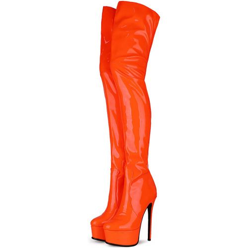 Over The Knee Boots Leather Platform Round Toe Bright Leather Zip Up High Heel Thigh High Boots - milanoo.com - Modalova