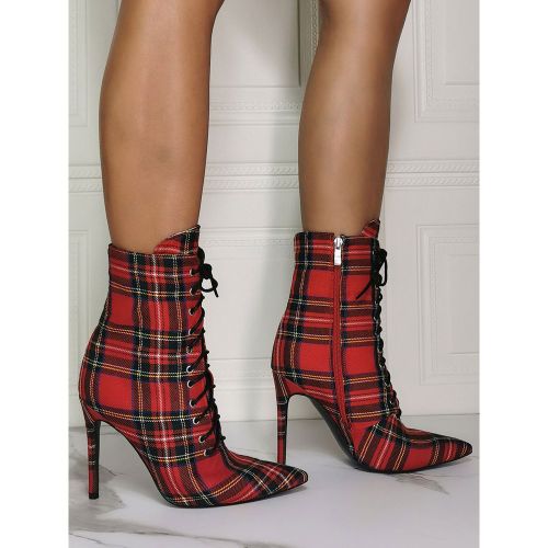 Women Ankle Boots Canvas Pointed Toe Stiletto Heel Sky High Houndstooth Booties - milanoo.com - Modalova