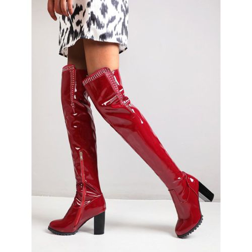 Women's Over The Knee Boots Patent Upper Black Round Toe Bright Leather Thigh High Boots - milanoo.com - Modalova