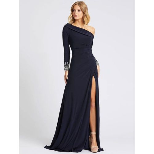 Deep Navy Evening Dress One-Shoulder With Train Long Sleeves Criss-Cross Lycra Spandex Sheath Social Party Dresses Free Customization - milanoo.com - Modalova