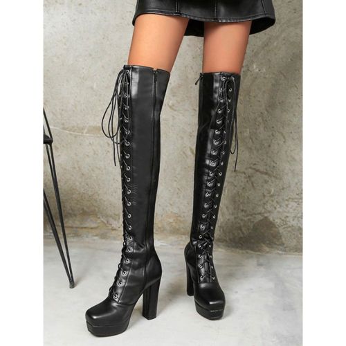 Women thigh high Boots PU Leather Square Toe Chunky Heel Winter Boots - milanoo.com - Modalova