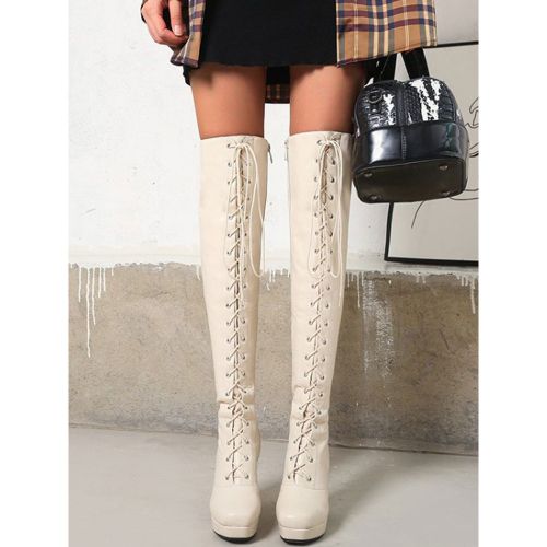 Women thigh high Boots Black PU Leather Square Toe Chunky Heel Winter Boots - milanoo.com - Modalova