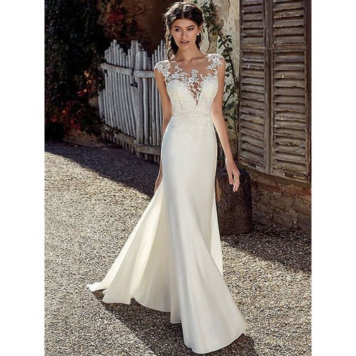 White Simple Mermaid Wedding Dress Chiffon Illusion Neckline Sleeveless Court Train Applique Sheath Bridal Gowns Free Customization - milanoo.com - Modalova