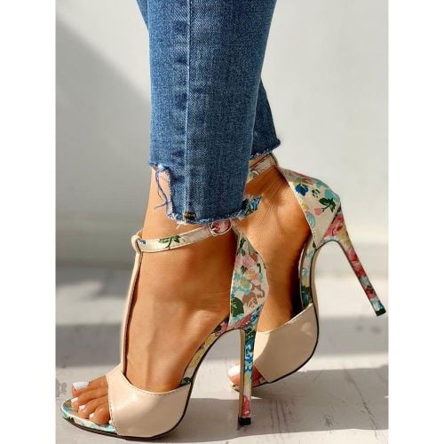 Womens Yellow T-Strap Heels Floral Print Stiletto Heel Sandals - milanoo.com - Modalova