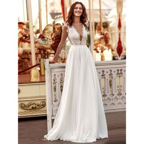 Simple Wedding Dress A-Line Court Train V-Neckline line Sleeveless Chiffon Lace Bridal Dresses Free Customization - milanoo.com - Modalova