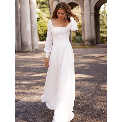 White Simple Causal Wedding Dress Satin Fabric Square Neckline Long Sleeves A-Line Floor Length Bridal Gowns Free Customization - milanoo.com - Modalova