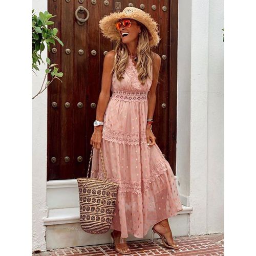 Maxi Dresses Apricot Sleeveless V-Neck Floor Length Summer Dress Boho Dress - milanoo.com - Modalova