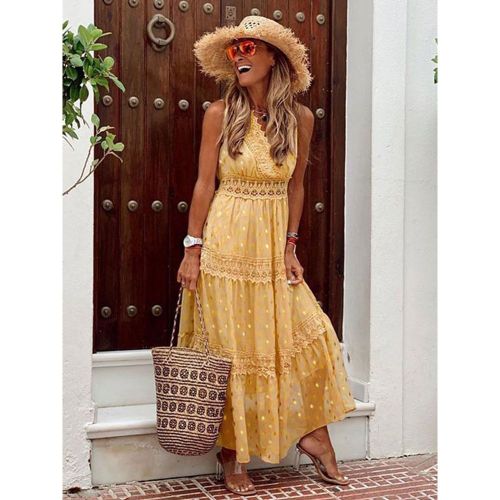 Maxi Dresses Apricot Sleeveless V-Neck Floor Length Summer Dress Boho Dress - milanoo.com - Modalova