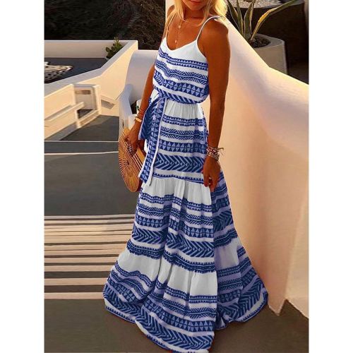 Maxi Dresses Sleeveless Straps Neck Lace Up Maxi Oversized Cotton Long Dress - milanoo.com - Modalova