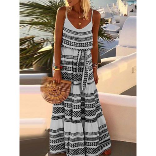 Maxi Dresses Sleeveless Light Sky Blue Straps Neck Lace Up Maxi Oversized Cotton Long Dress - milanoo.com - Modalova