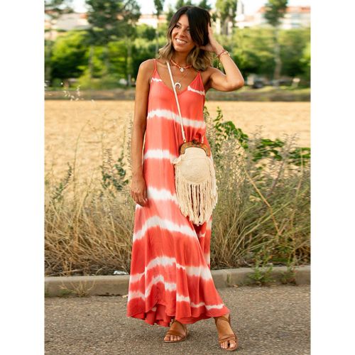 Maxi Dresses Sleeveless Red Tie Dye Straps Neck Pleated Open Shoulder Floor Length Dress - milanoo.com - Modalova