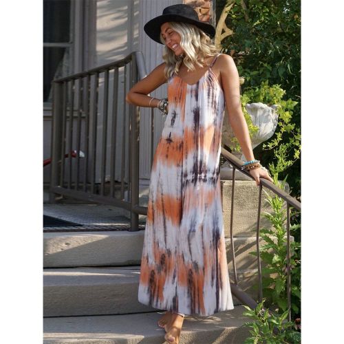 Maxi Dresses Sleeveless Red Tie Dye Straps Neck Pleated Open Shoulder Floor Length Dress - milanoo.com - Modalova