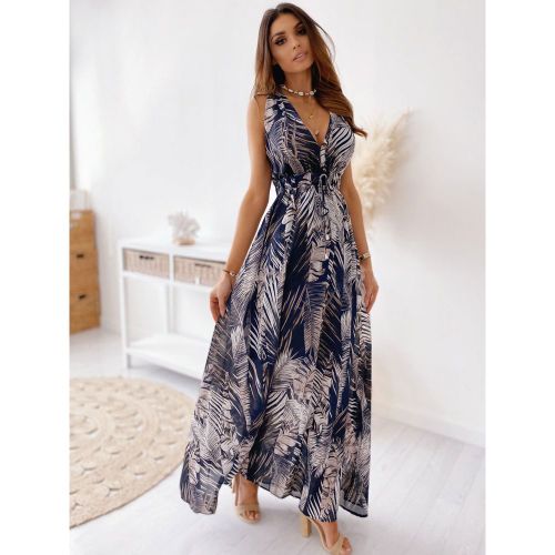 Maxi Dresses Sleeveless White Printed V-Neck Maxi Drawstring Floor Length Dress - milanoo.com - Modalova