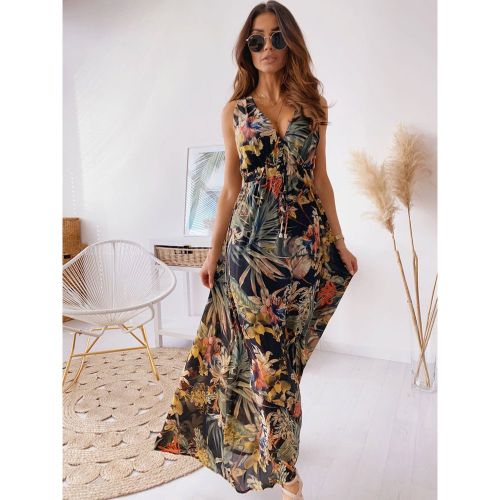 Maxi Dresses Sleeveless White Printed V-Neck Maxi Drawstring Floor Length Dress - milanoo.com - Modalova