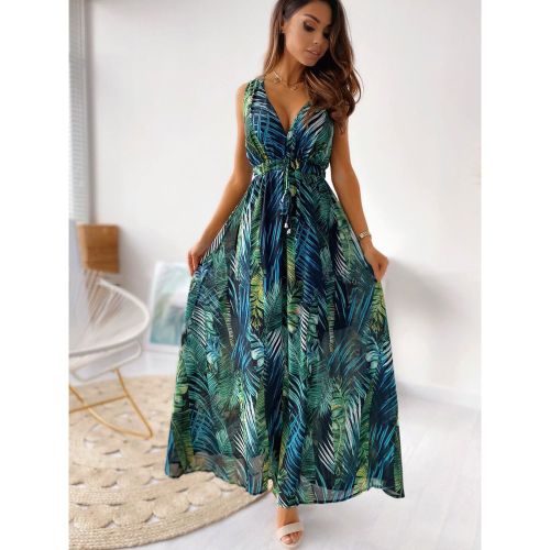 Maxi Dresses Sleeveless White Printed V-Neck Maxi Drawstring Floor Length Dress - milanoo.com - Modalova