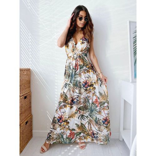 Maxi Dresses Sleeveless Printed V-Neck Maxi Drawstring Floor Length Dress - milanoo.com - Modalova