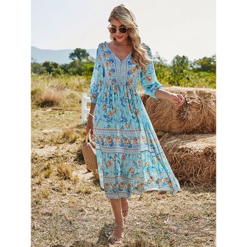 Boho Dress V-Neck Half Sleeves Floral Printed Stretch Pleated Maxi Beach Dress - milanoo.com - Modalova