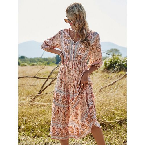 Boho Dress V-Neck Half Sleeves Floral Printed Stretch Pleated Maxi Beach Dress - milanoo.com - Modalova