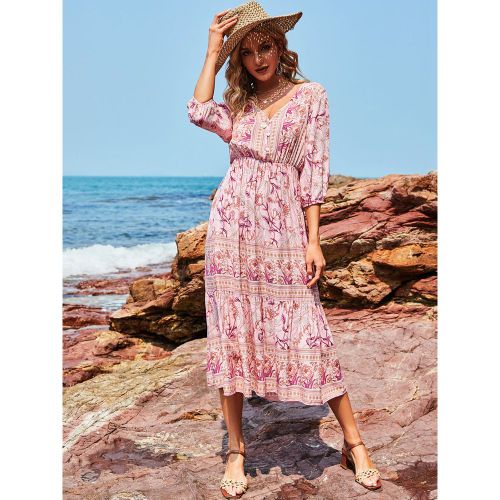 Boho Dress V-Neck Half Sleeves Floral Printed Stretch Pleated Maxi Beach Dress - milanoo.com - Modalova